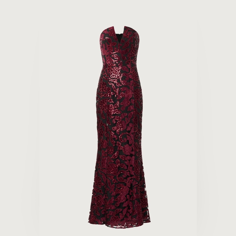Dress the Population Black Floral Corset Gown Formal Sequin mermaid burgundy L - Picture 4 of 8